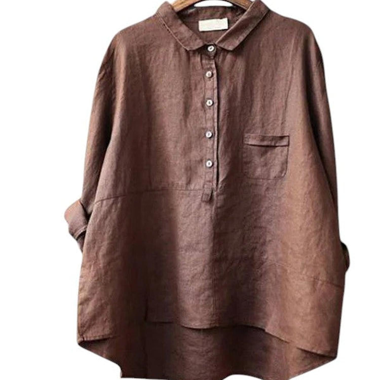 Shirt Women Cotton-Linen Long Sleeve Lapel Neck Relaxed Fit Solid Colour