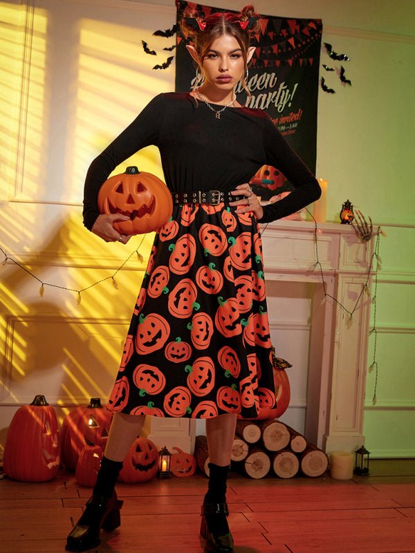 Women’s spooky pumpkin print halloween dress - midi length