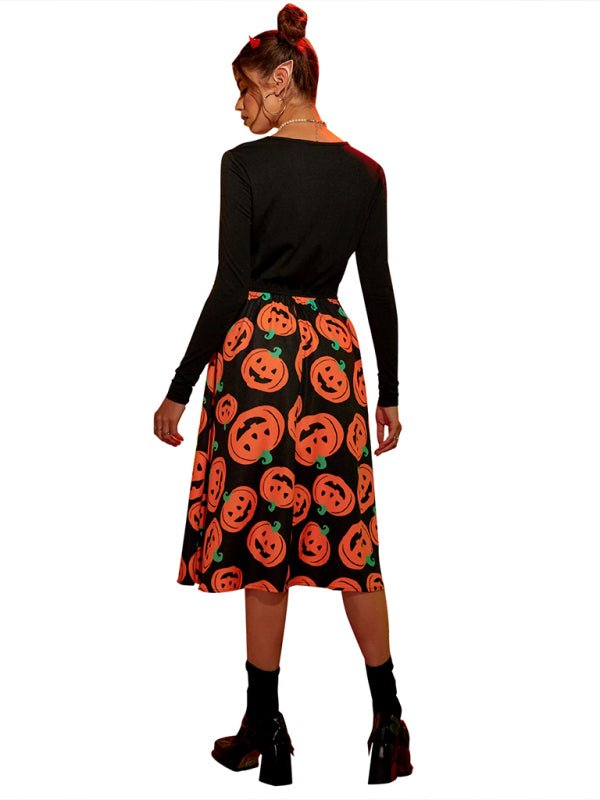 Women’s spooky pumpkin print halloween dress - midi length