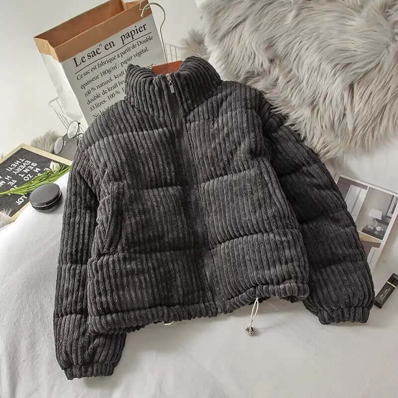 Women’s zip-up jacket - quilted corduroy oversized fit with high collar and elastic cuffs