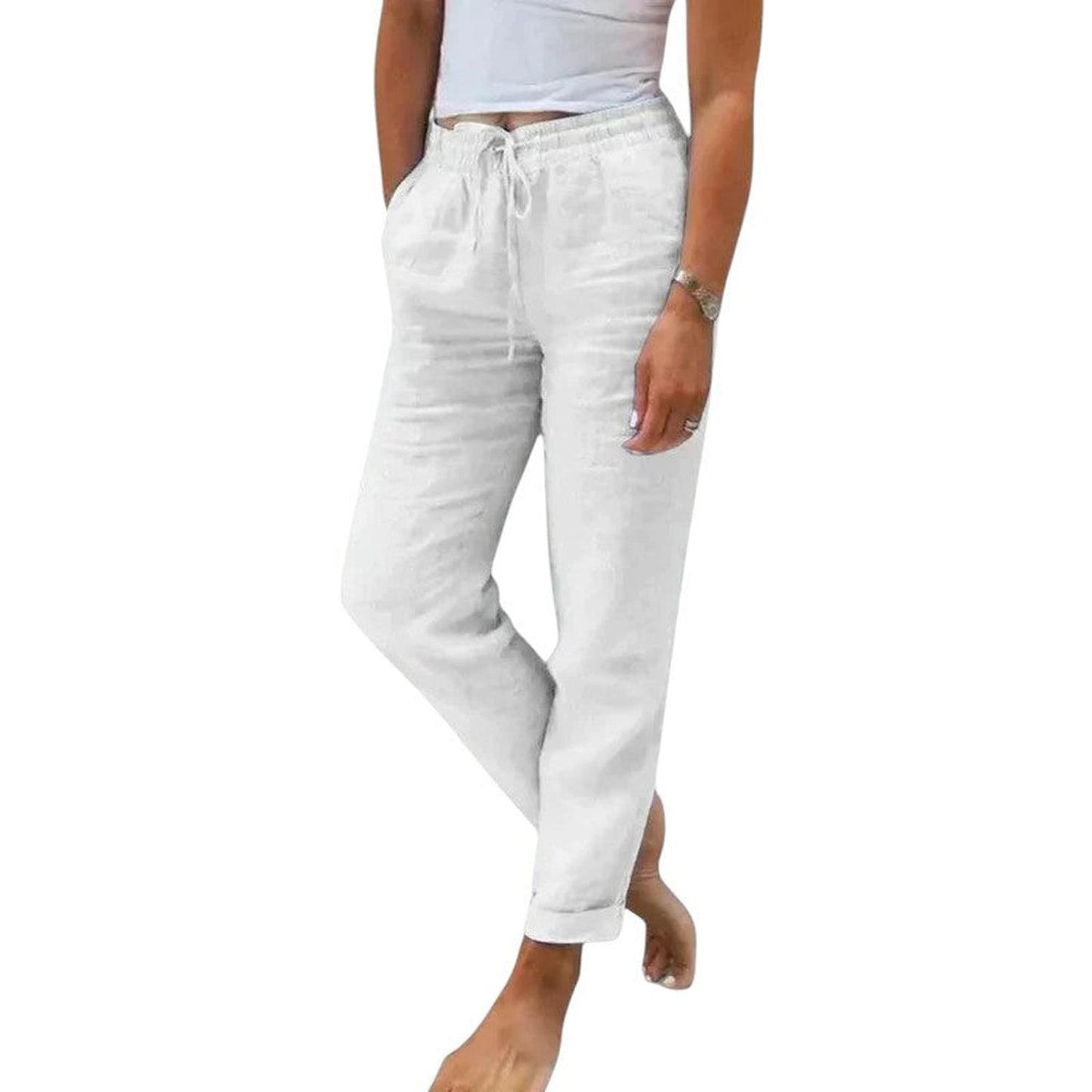 100% linen trousers for women – breathable, relaxed fit with adjustable waistband