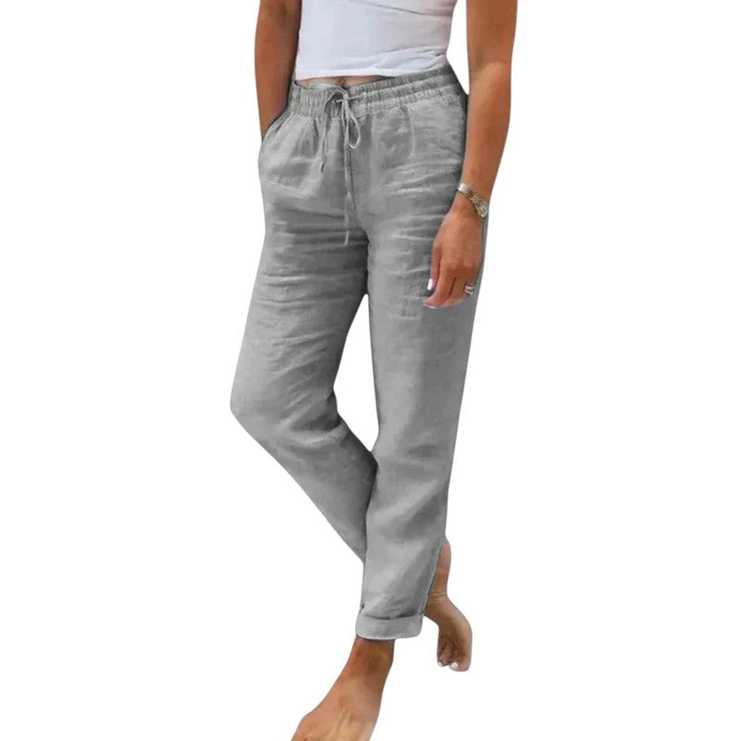 100% linen trousers for women – breathable, relaxed fit with adjustable waistband