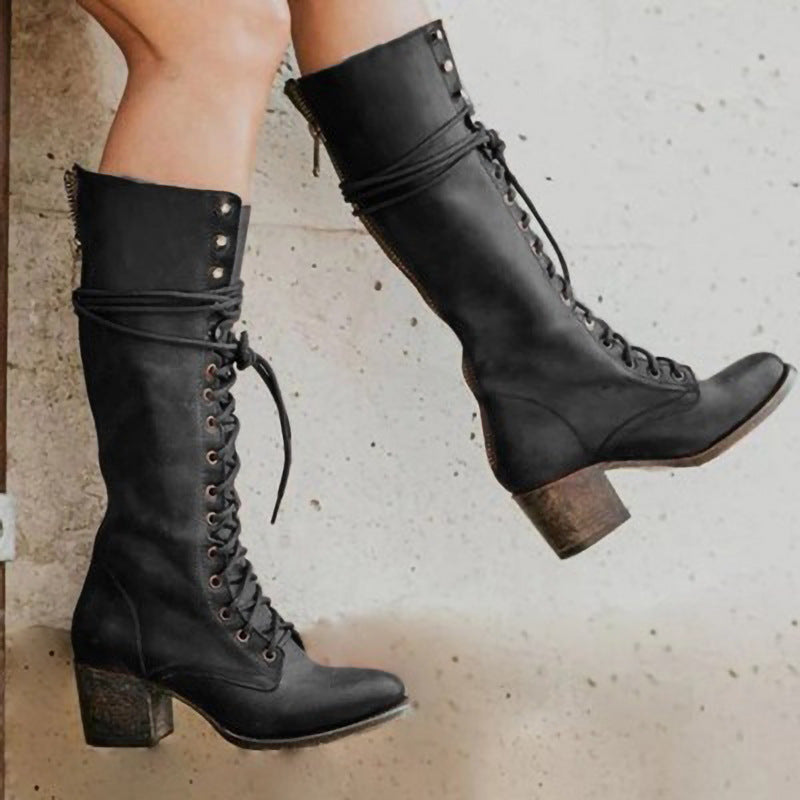 Knee High Boots Women Adjustable Lace Up Knee Length Closure Design