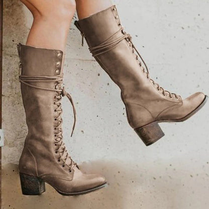 Knee High Boots Women Adjustable Lace Up Knee Length Closure Design