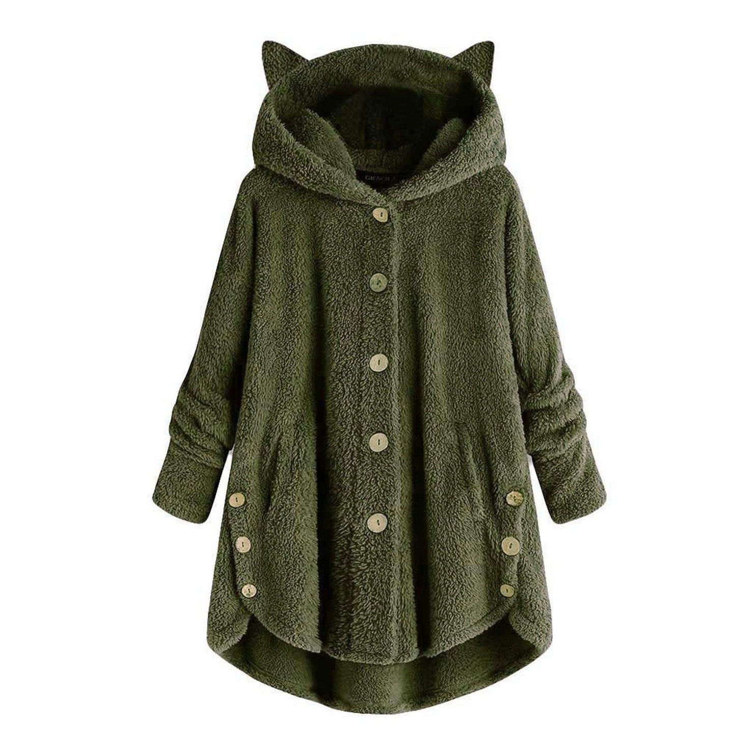 Women’s hooded coat - plush fabric with oversized fit, cat ear hood and button front