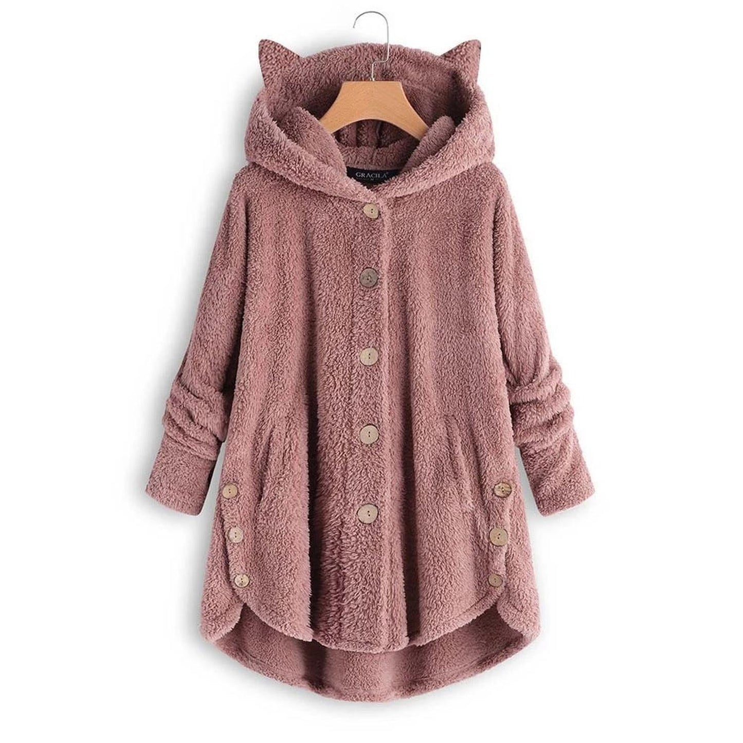 Women’s hooded coat - plush fabric with oversized fit, cat ear hood and button front