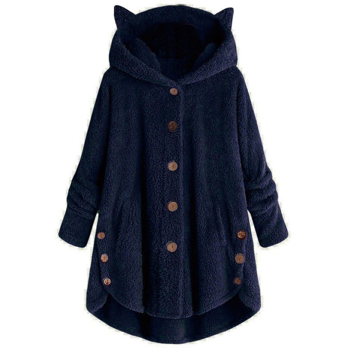Women’s hooded coat - plush fabric with oversized fit, cat ear hood and button front