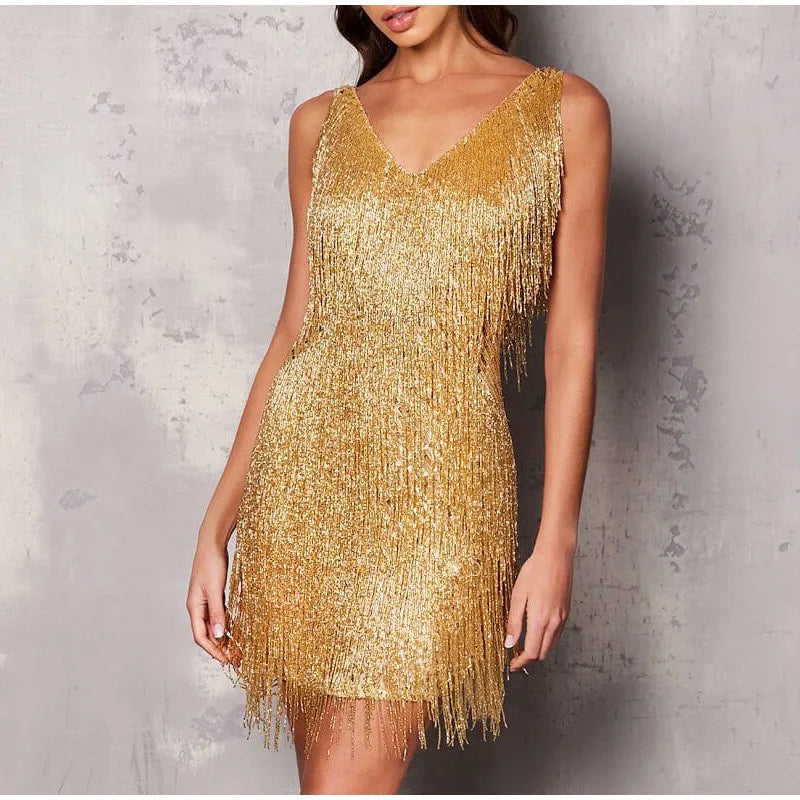 Mini Dress Women Sequined Surface with Feather Detail Design Feature