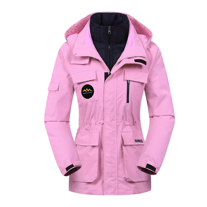 Pink jacket with black accents on a white background