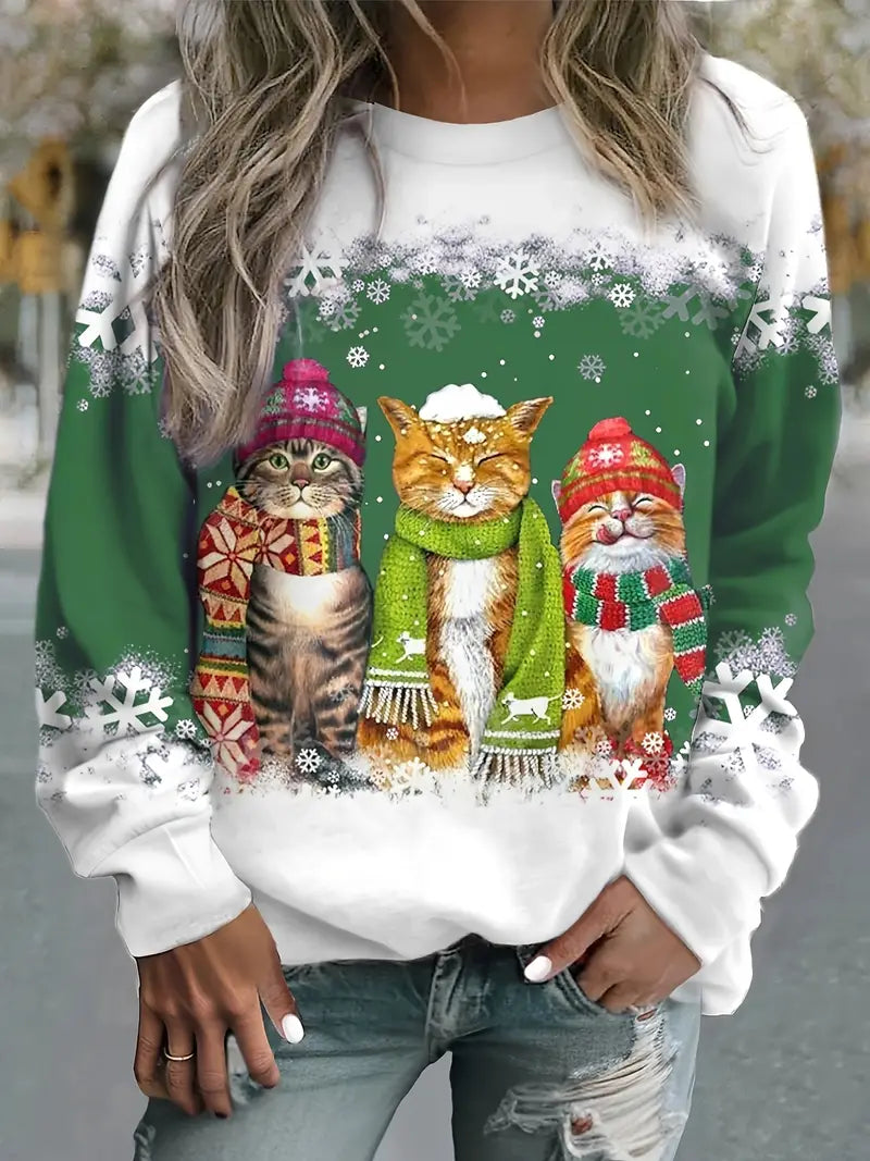 Women’s Christmas Sweater with Cat Print - Long Sleeve Jumper