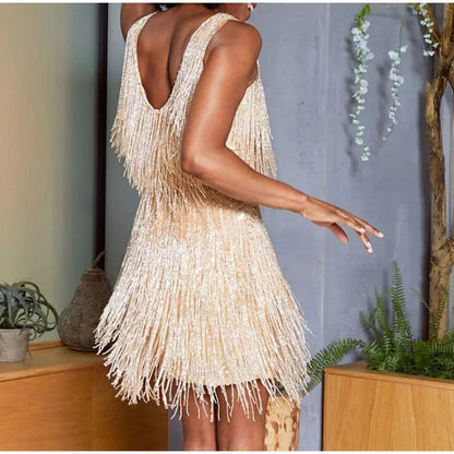 Mini Dress Women Sequined Surface with Feather Detail Design Feature