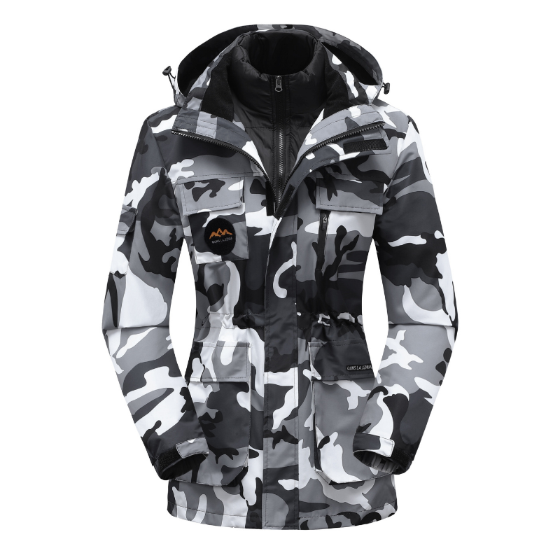 Camouflage jacket with a brand logo on a white background