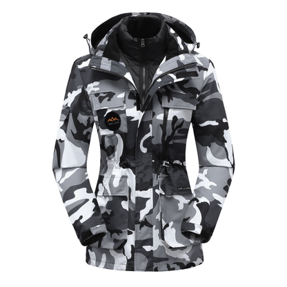 Camouflage jacket with a brand logo on a white background