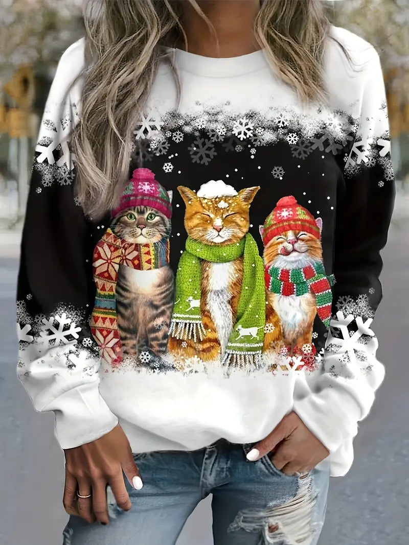 Women’s Christmas Sweater with Cat Print - Long Sleeve Jumper