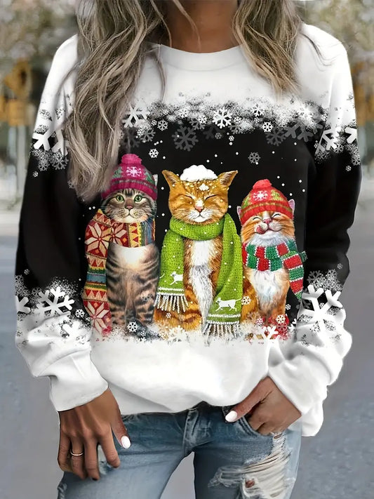Women’s Christmas Sweater with Cat Print - Long Sleeve Jumper