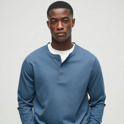 Man wearing a blue long-sleeve shirt with a white collar against a gray background