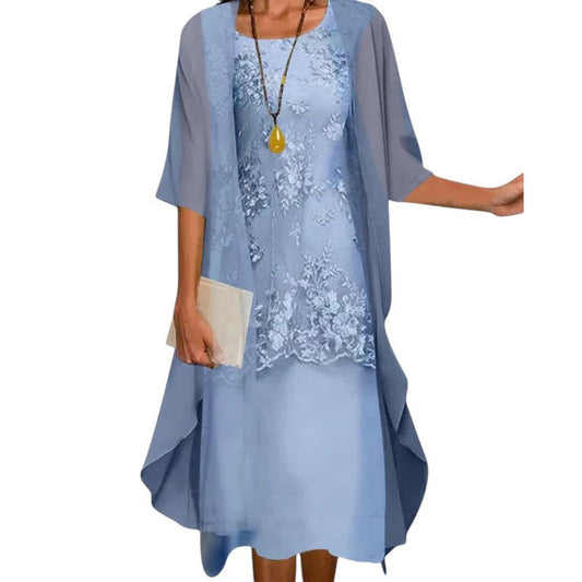Chic Two-piece knee-length dress – Lace & chiffon formal outfit