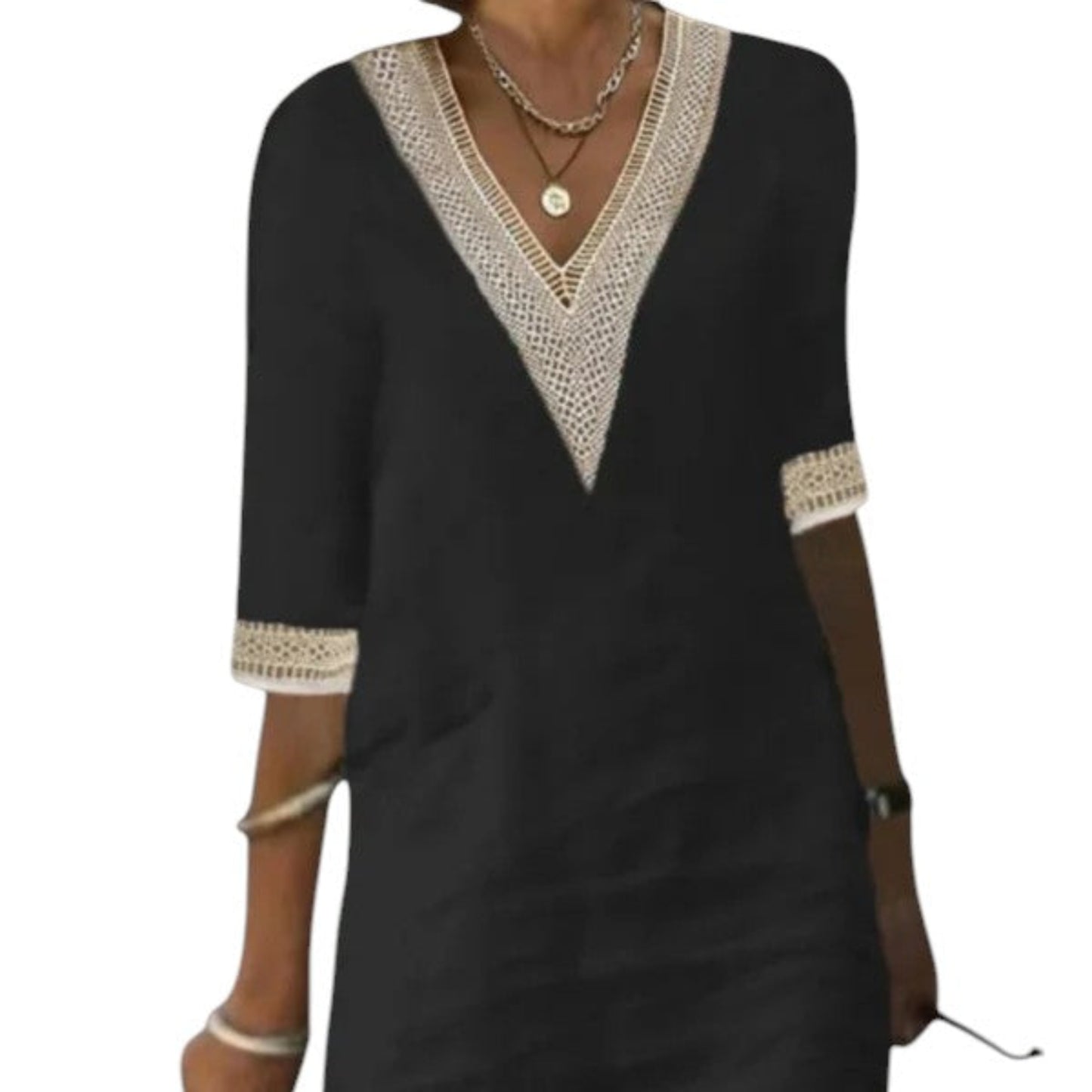 Linen summer dress for women – relaxed fit with V-neck and lace detail