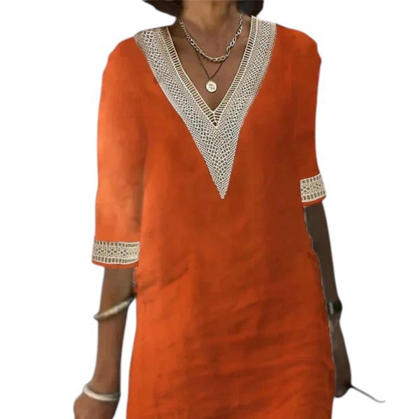 Linen summer dress for women – relaxed fit with V-neck and lace detail
