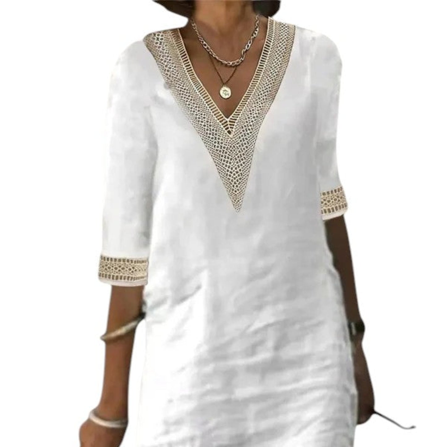 Linen summer dress for women – relaxed fit with V-neck and lace detail