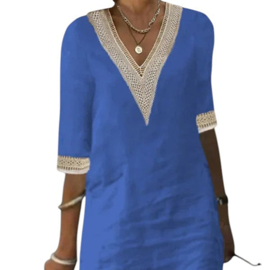 Linen summer dress for women – relaxed fit with V-neck and lace detail