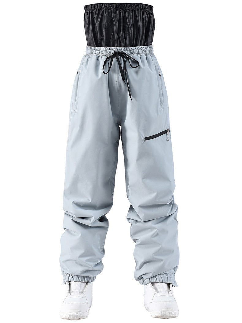 Light gray pants with black drawstring and zipper on a white background