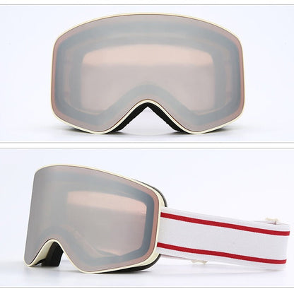 Pair of goggles with a reflective lens on a white background