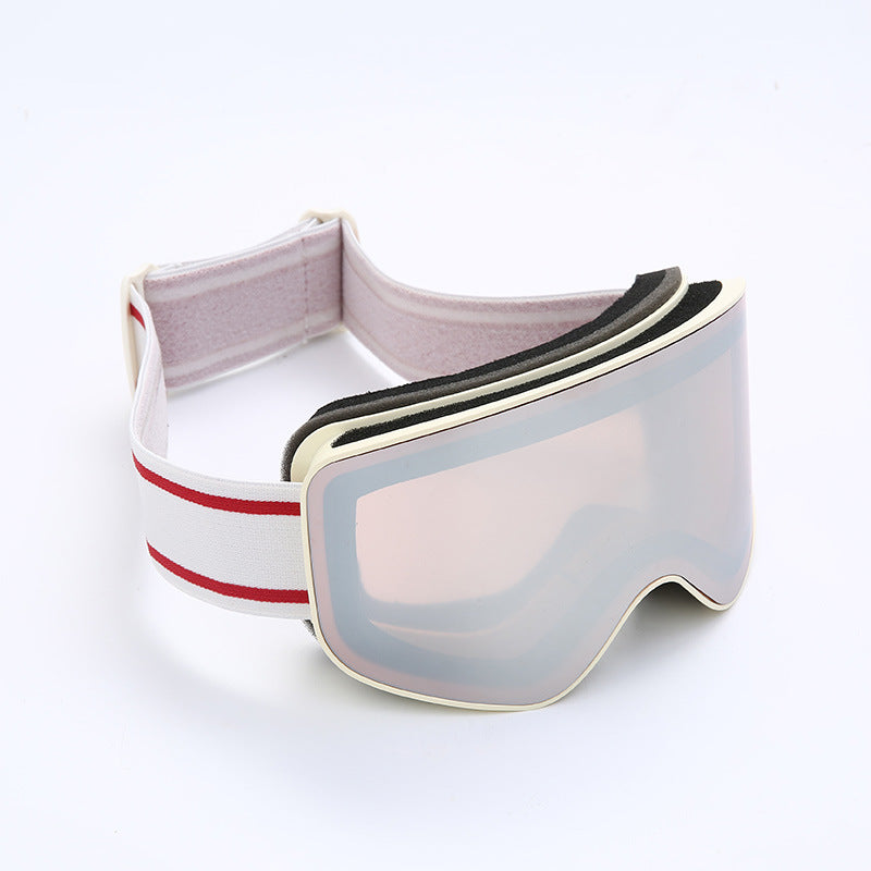 Ski goggles with a white frame and red stripe on a white background