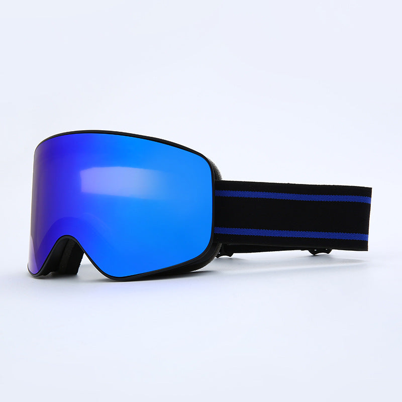Blue ski goggles with black strap on a white background