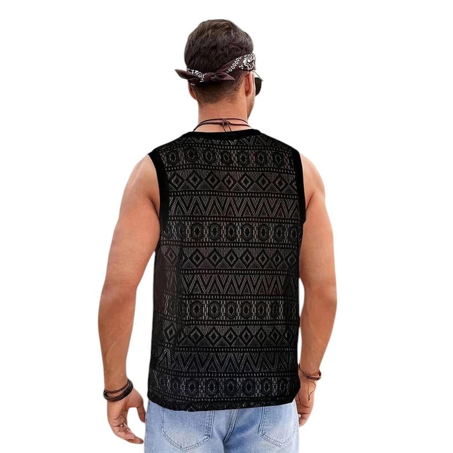 Men’s Crochet Tank Top - Sleeveless Geometric Knit - Lightweight & Breathable