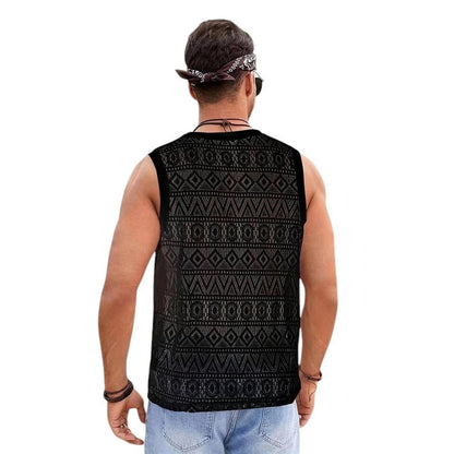 Men’s Crochet Tank Top - Sleeveless Geometric Knit - Lightweight & Breathable