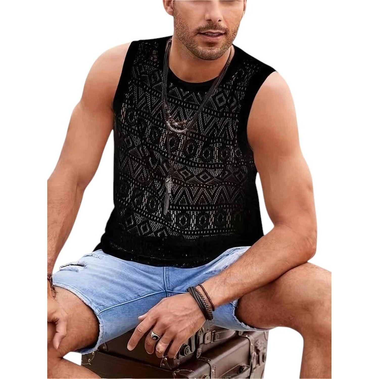 Men’s Crochet Tank Top - Sleeveless Geometric Knit - Lightweight & Breathable