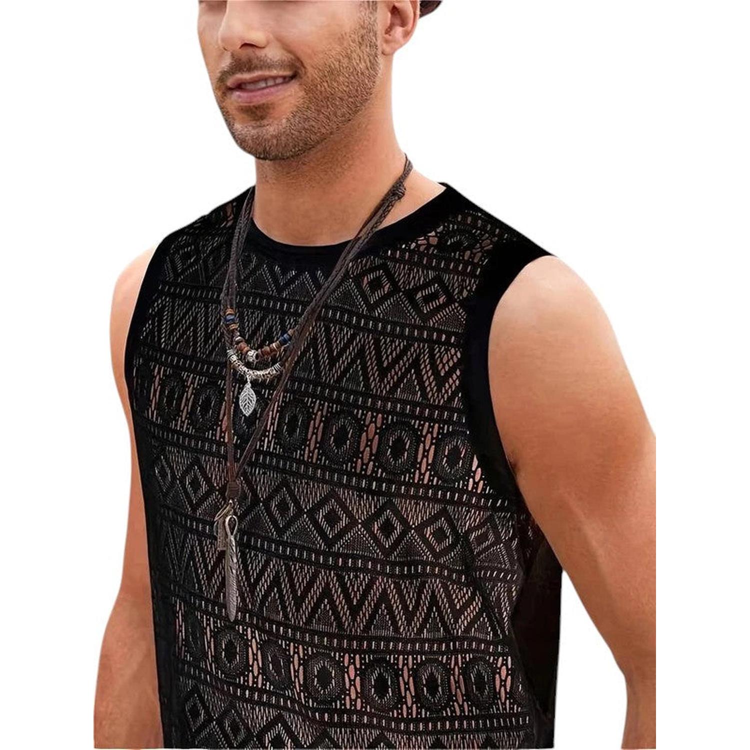 Men’s Crochet Tank Top - Sleeveless Geometric Knit - Lightweight & Breathable