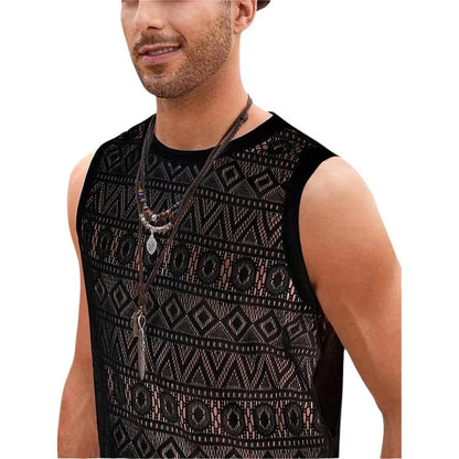 Men’s Crochet Tank Top - Sleeveless Geometric Knit - Lightweight & Breathable