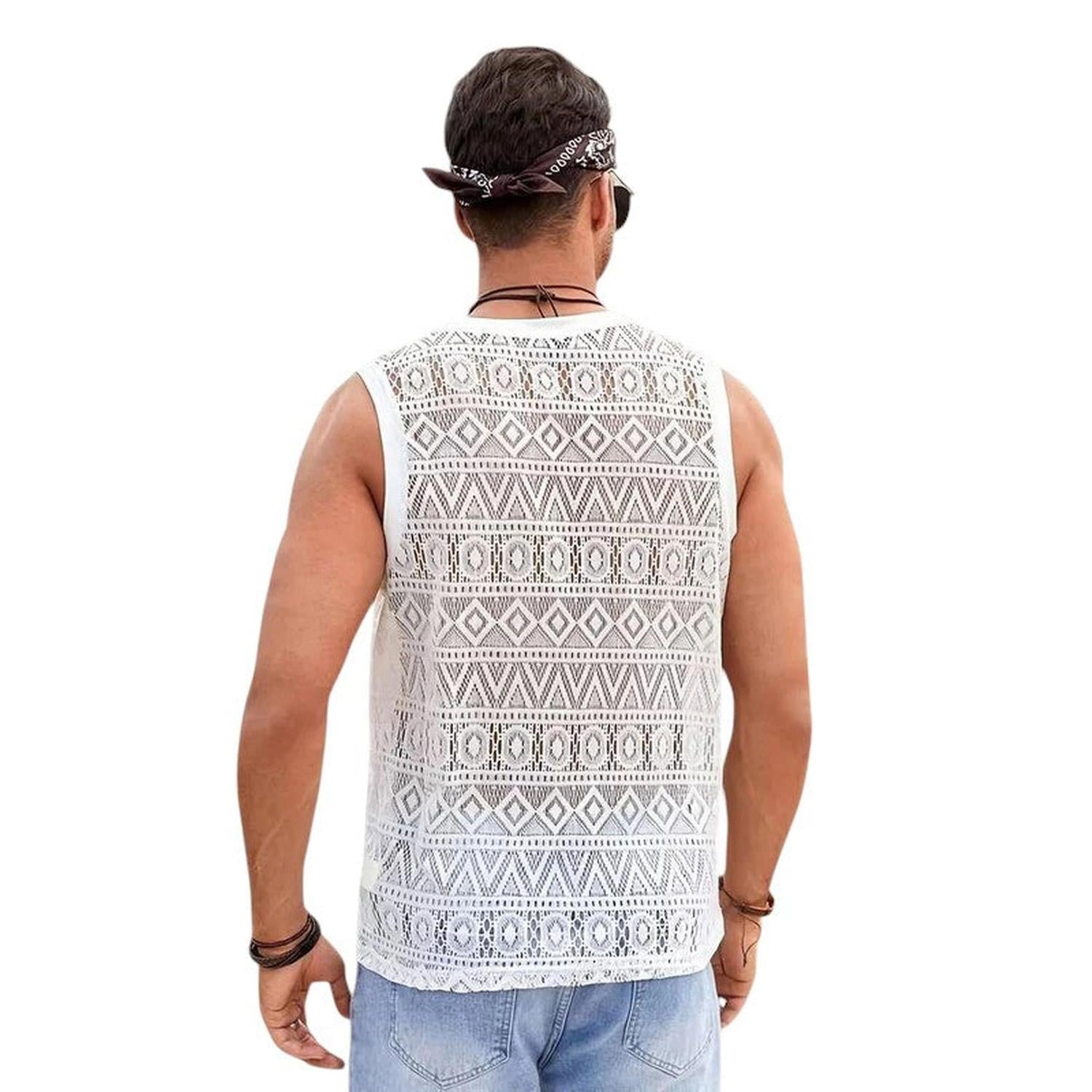 Men’s Crochet Tank Top - Sleeveless Geometric Knit - Lightweight & Breathable