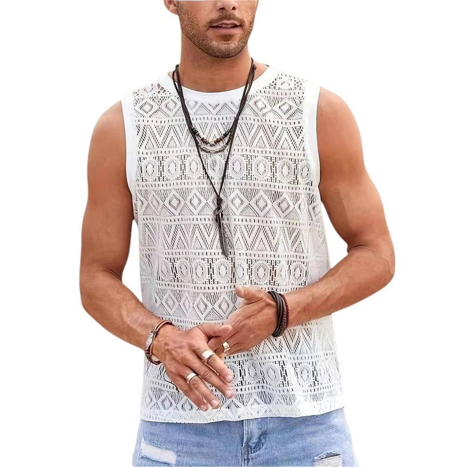 Men’s Crochet Tank Top - Sleeveless Geometric Knit - Lightweight & Breathable