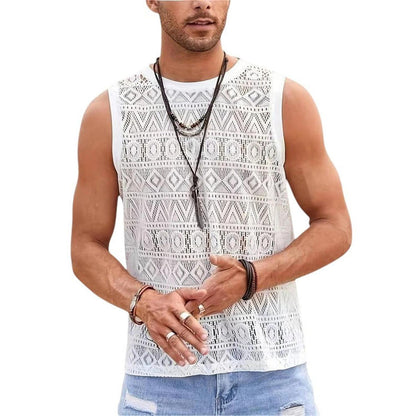 Men’s Crochet Tank Top - Sleeveless Geometric Knit - Lightweight & Breathable