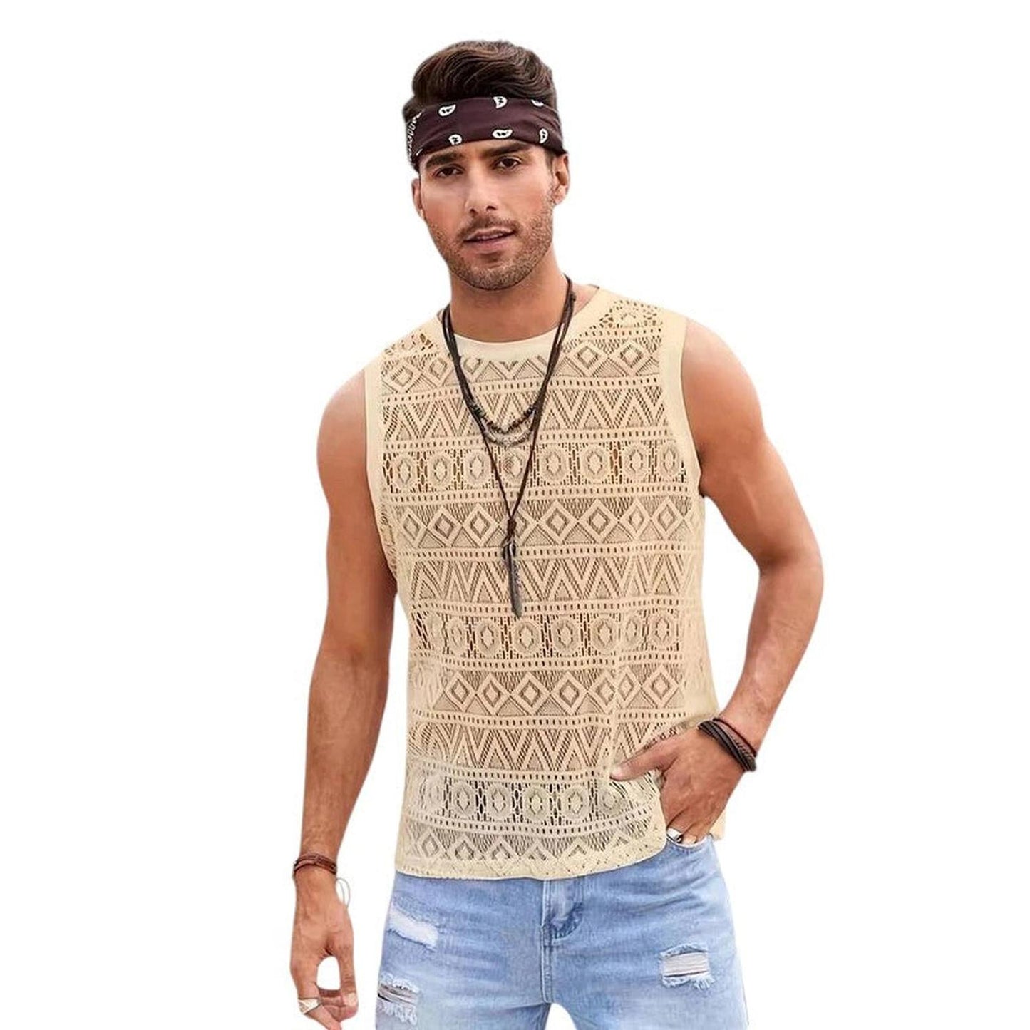 Men’s Crochet Tank Top - Sleeveless Geometric Knit - Lightweight & Breathable