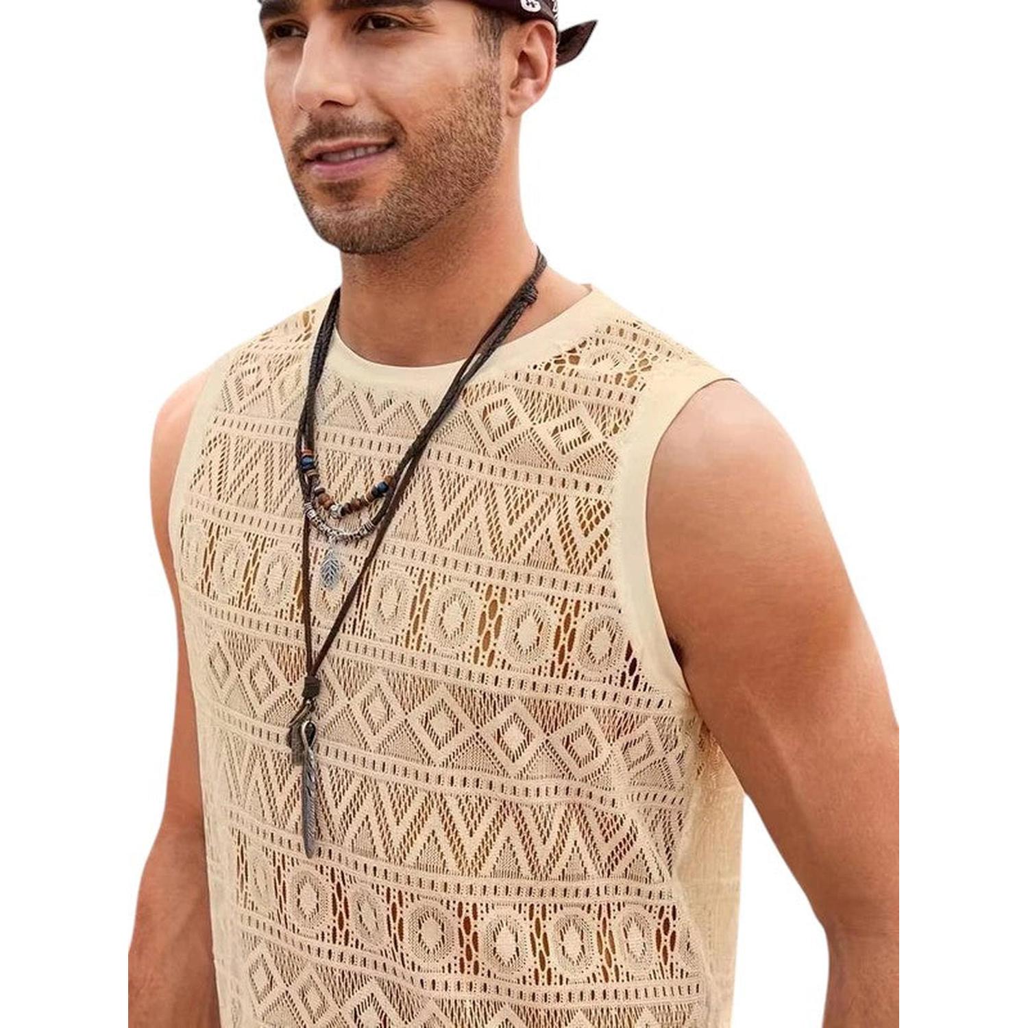 Men’s Crochet Tank Top - Sleeveless Geometric Knit - Lightweight & Breathable