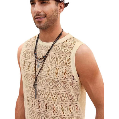Men’s Crochet Tank Top - Sleeveless Geometric Knit - Lightweight & Breathable