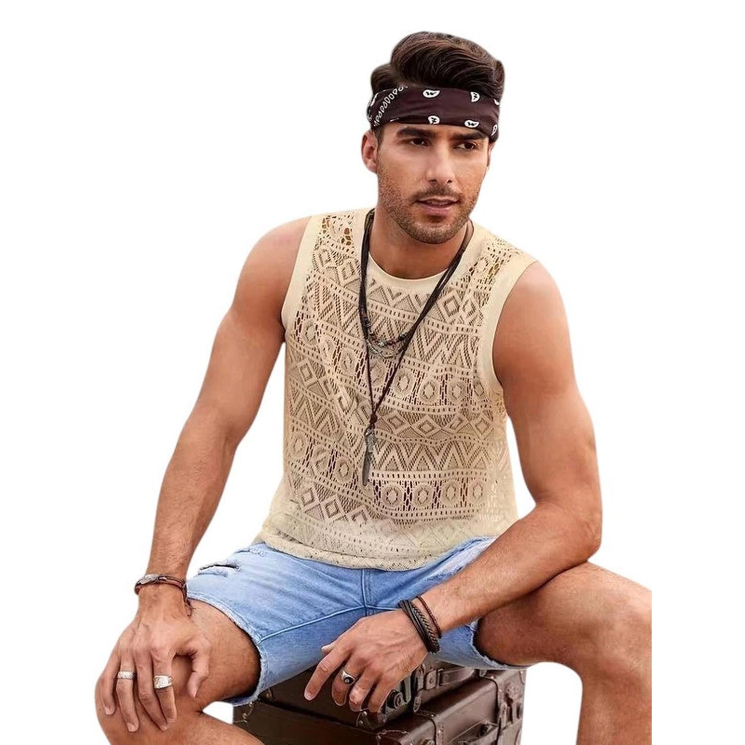 Men’s Crochet Tank Top - Sleeveless Geometric Knit - Lightweight & Breathable