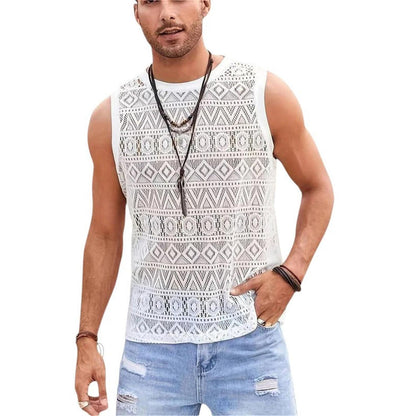 Men’s Crochet Tank Top - Sleeveless Geometric Knit - Lightweight & Breathable