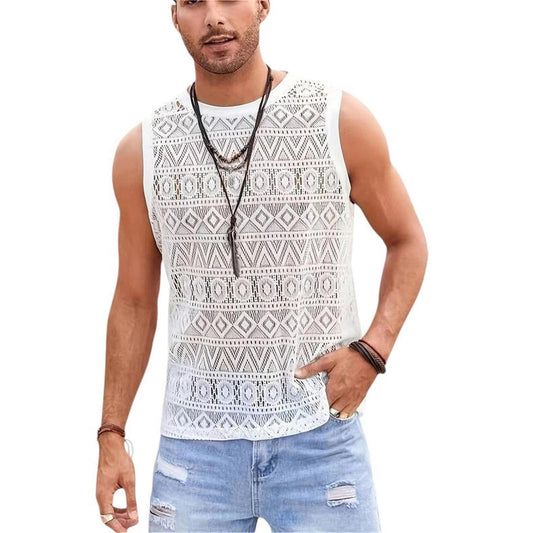 Men’s Crochet Tank Top - Sleeveless Geometric Knit - Lightweight & Breathable
