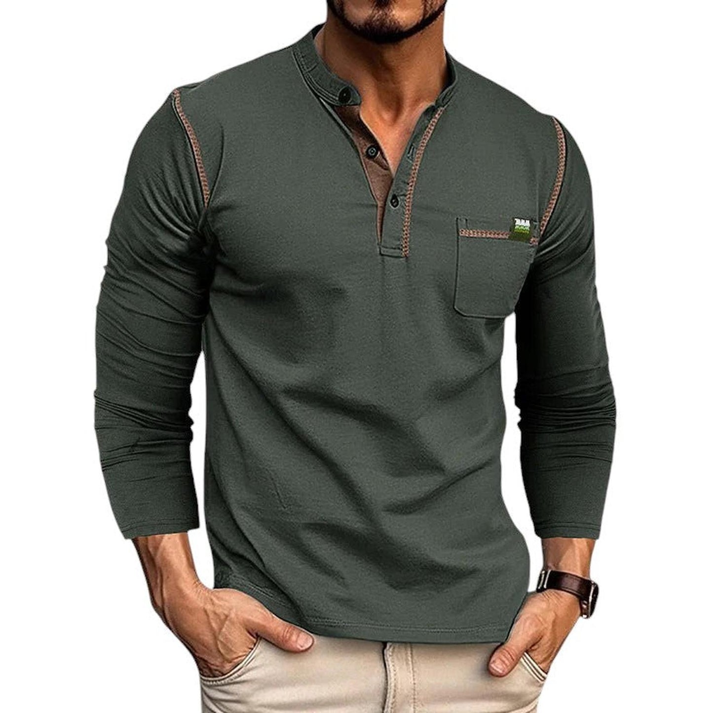 Men’s Henley Shirt - 100% Cotton - Long Sleeve - Buttoned Placket - Casual Fit