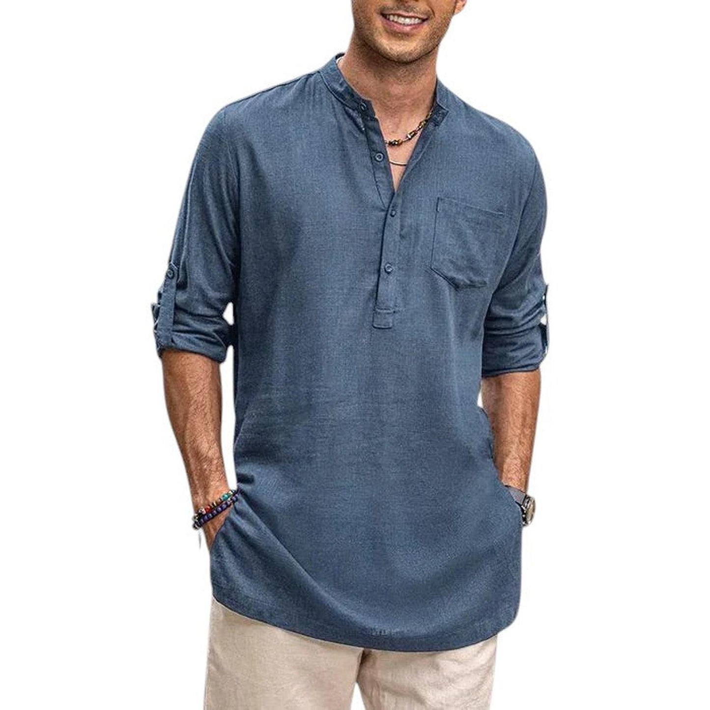 Men's Henley Shirt - Band Collar - Breathable Fabric - Long Sleeve Casual Fit