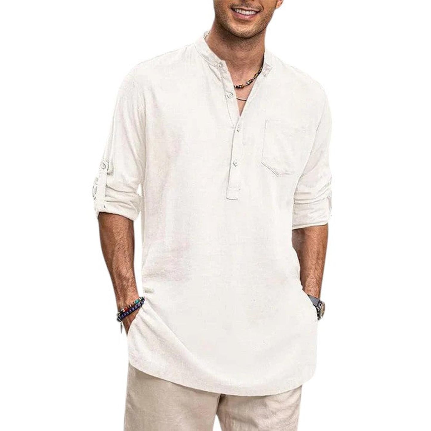 Men's Henley Shirt - Band Collar - Breathable Fabric - Long Sleeve Casual Fit