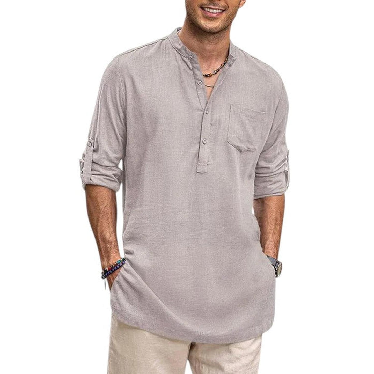 Men's Henley Shirt - Band Collar - Breathable Fabric - Long Sleeve Casual Fit