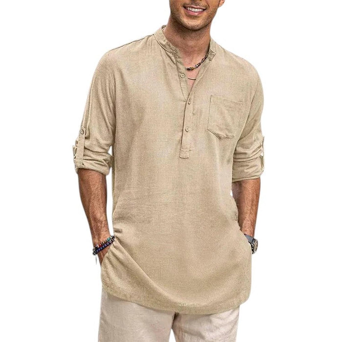 Men's Henley Shirt - Band Collar - Breathable Fabric - Long Sleeve Casual Fit