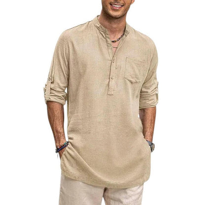 Men's Henley Shirt - Band Collar - Breathable Fabric - Long Sleeve Casual Fit