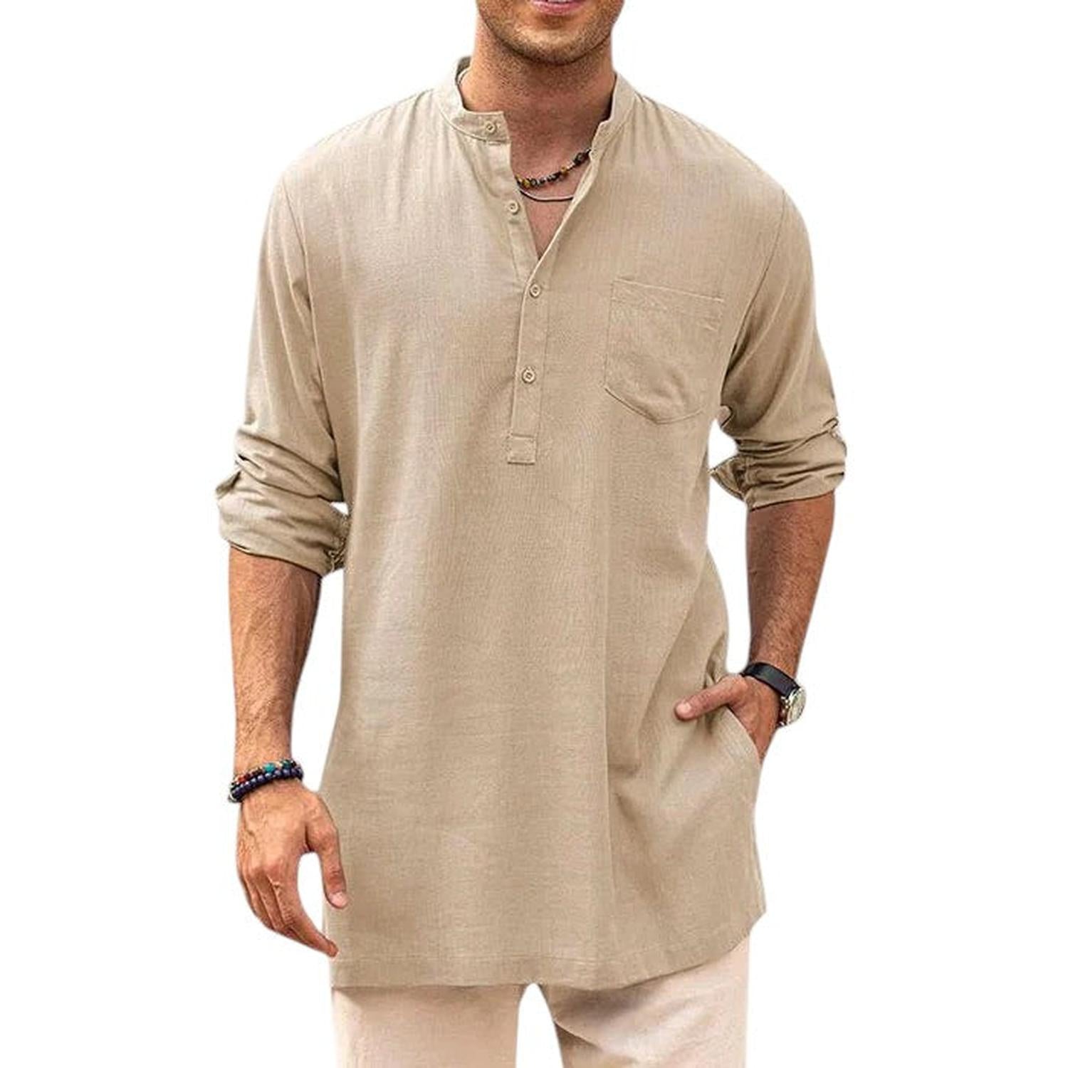 Men's Henley Shirt - Band Collar - Breathable Fabric - Long Sleeve Casual Fit